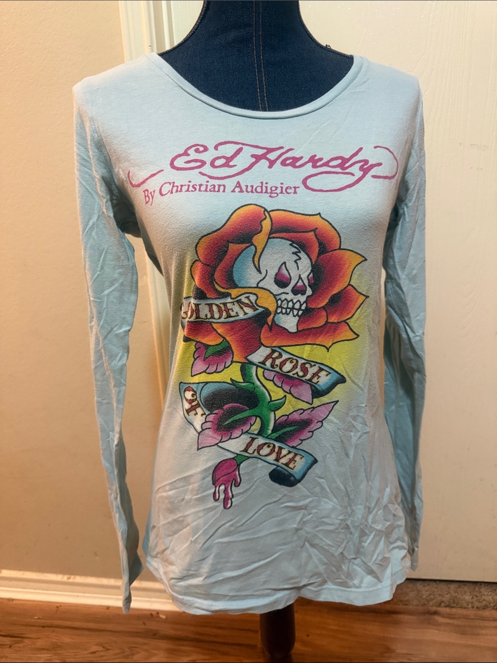 Ed Hardy Light Blue Long Sleeve Skull & Rose Graphic Tee